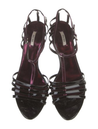 Miu Miu Patent Leather Cutout Accent T-Strap Sandals