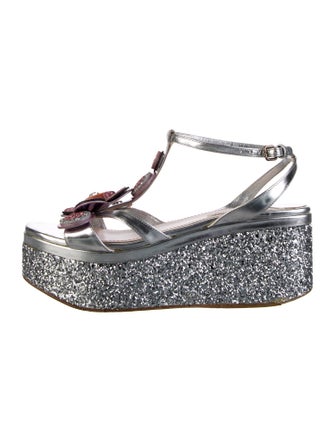 Miu Miu Leather Crystal Embellishments T-Strap Sandals