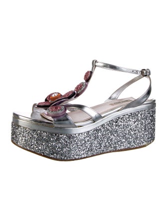 Miu Miu Leather Crystal Embellishments T-Strap Sandals