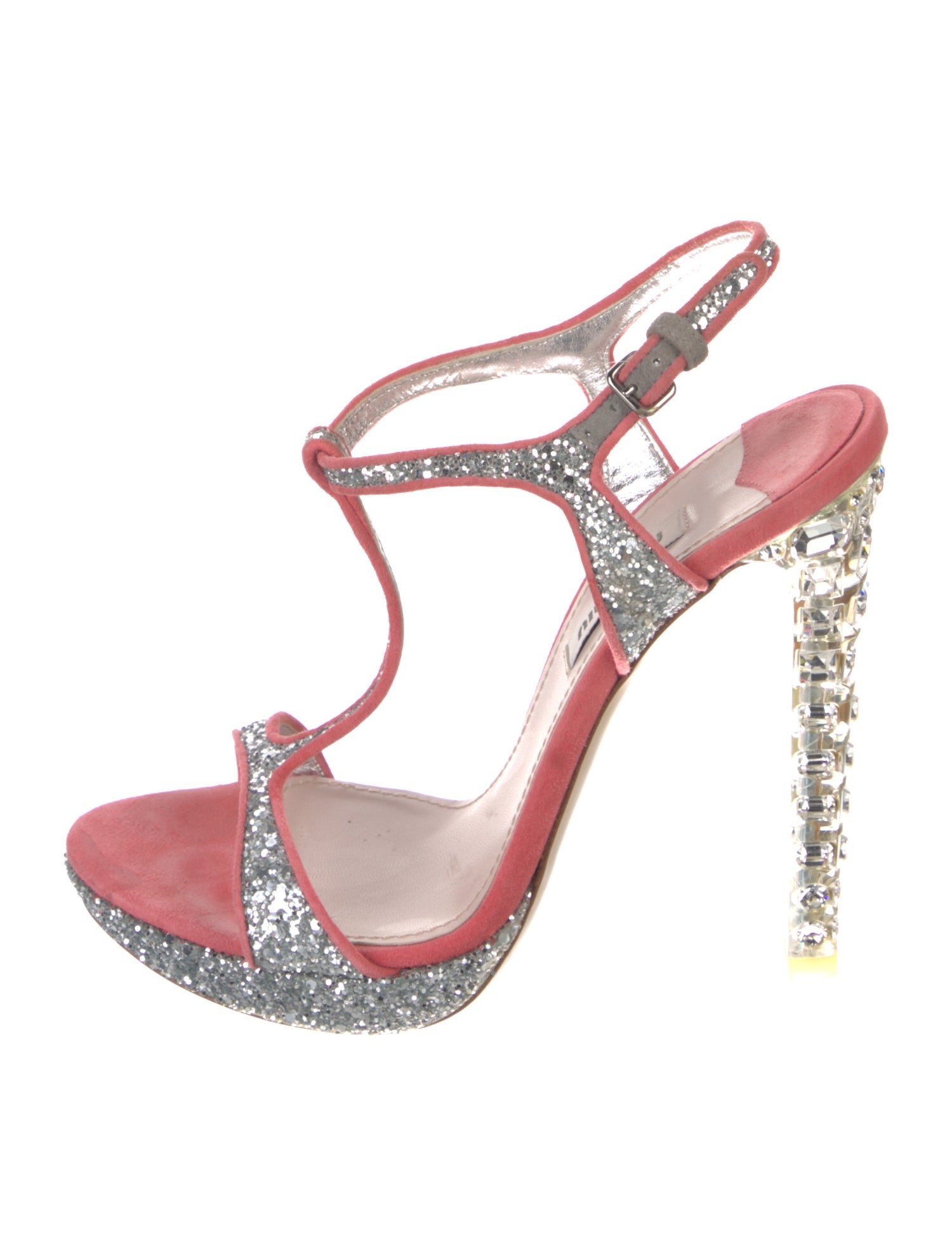 Miu Miu Suede Glitter Accents T-Strap Sandals