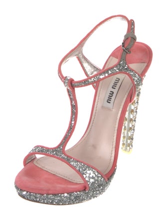Miu Miu Suede Glitter Accents T-Strap Sandals