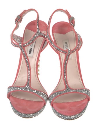 Miu Miu Suede Glitter Accents T-Strap Sandals