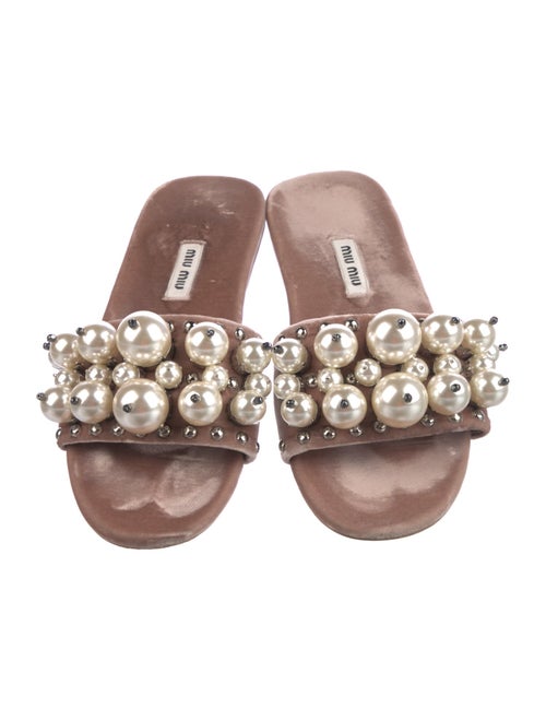 Miu Miu Faux Pearl Accents Velvet Slides