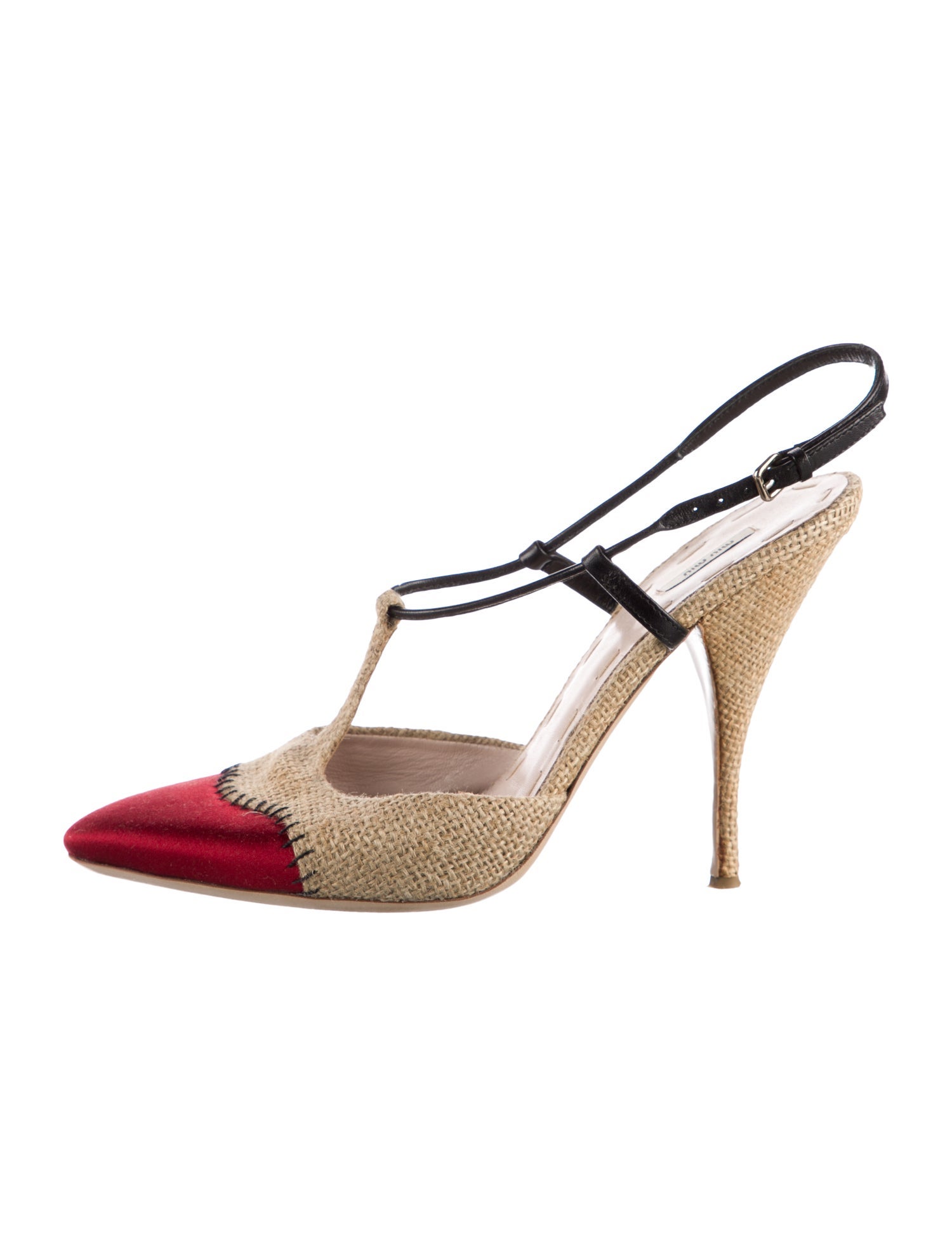 Miu Miu Jute Colorblock Pattern T-Strap Pumps