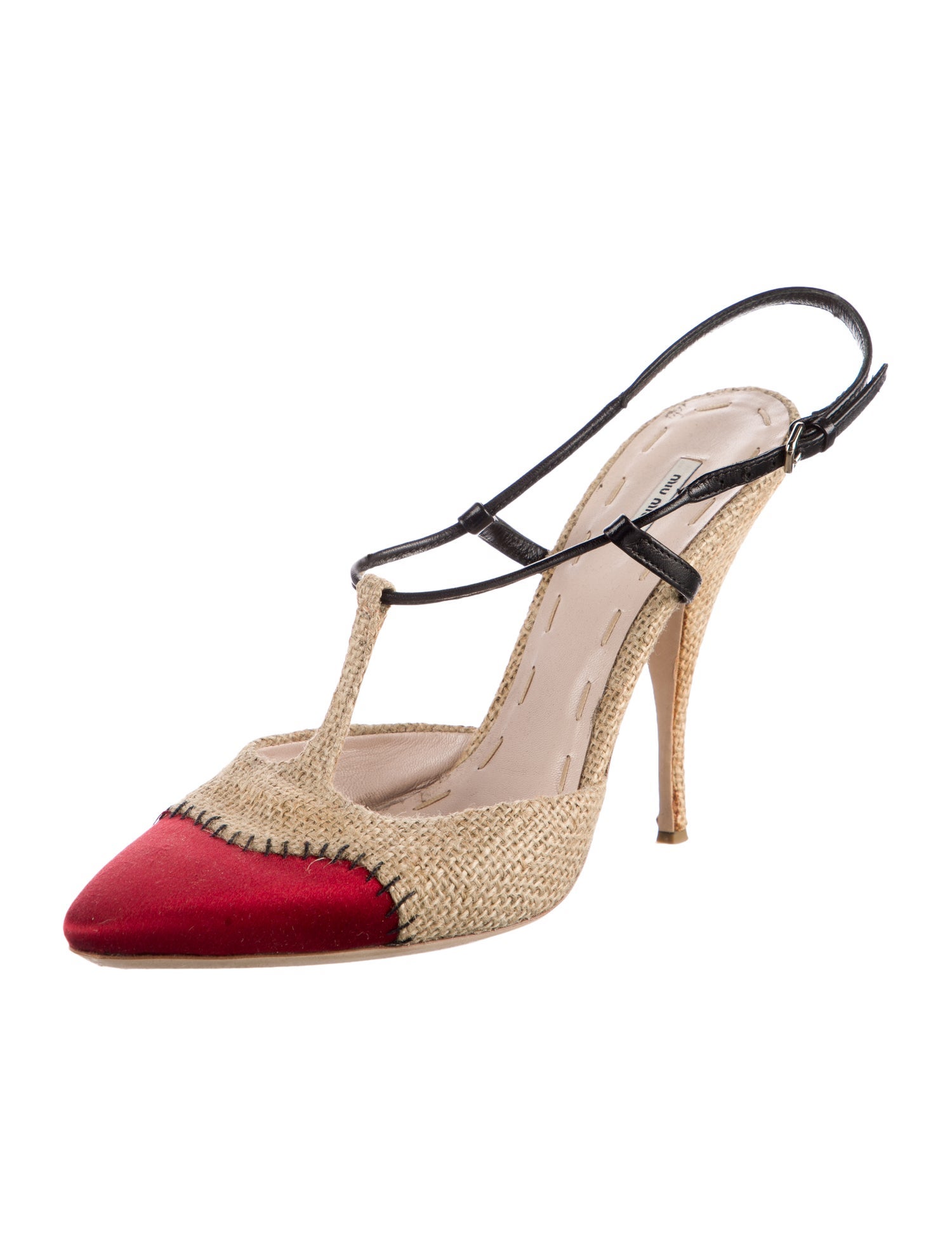 Miu Miu Jute Colorblock Pattern T-Strap Pumps