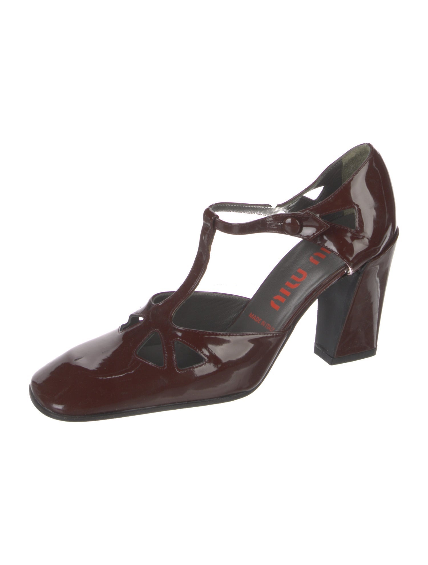 Miu Miu Patent Leather Cutout Accent T-Strap Pumps
