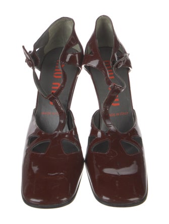 Miu Miu Patent Leather Cutout Accent T-Strap Pumps