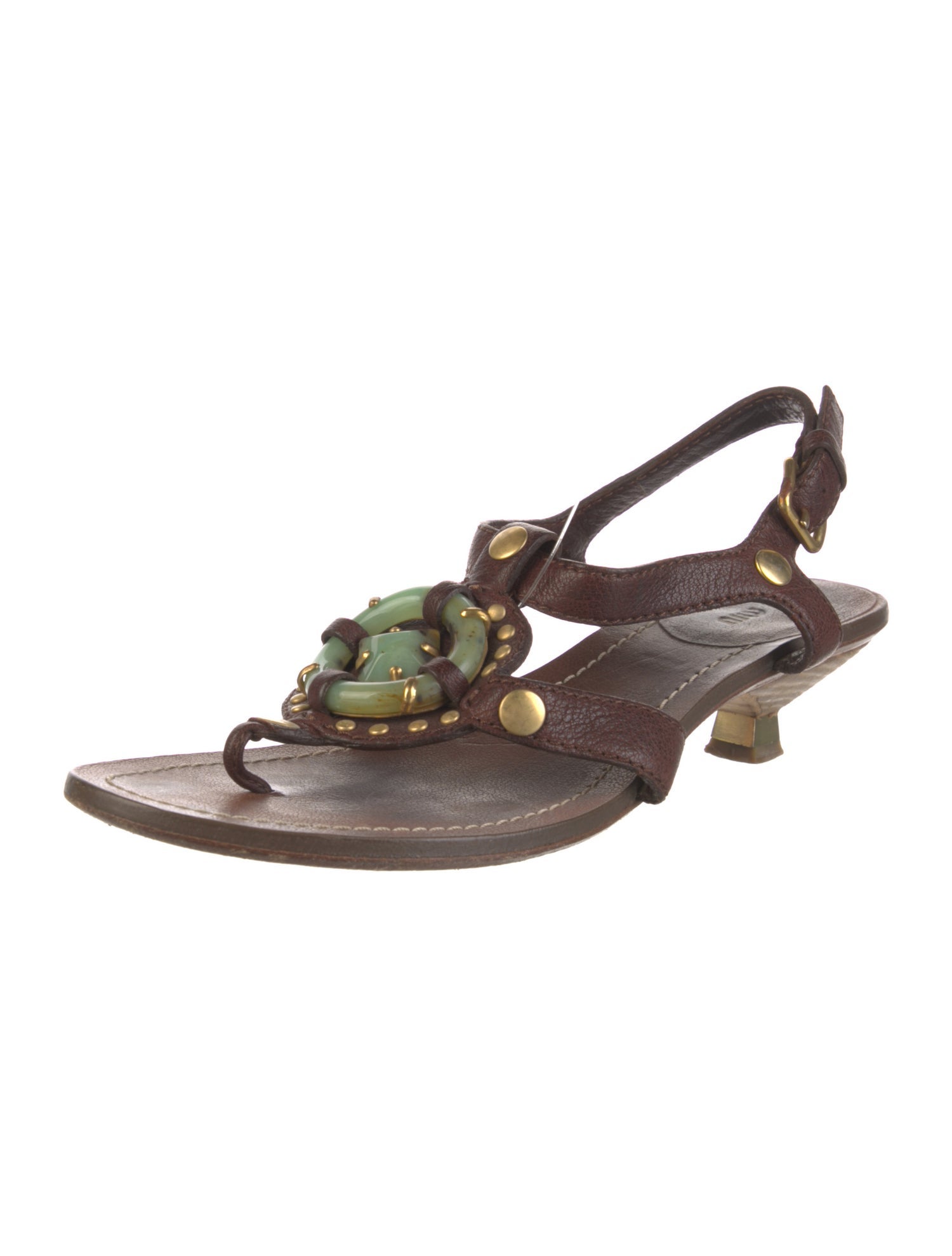 Miu Miu Leather Studded Accents T-Strap Sandals