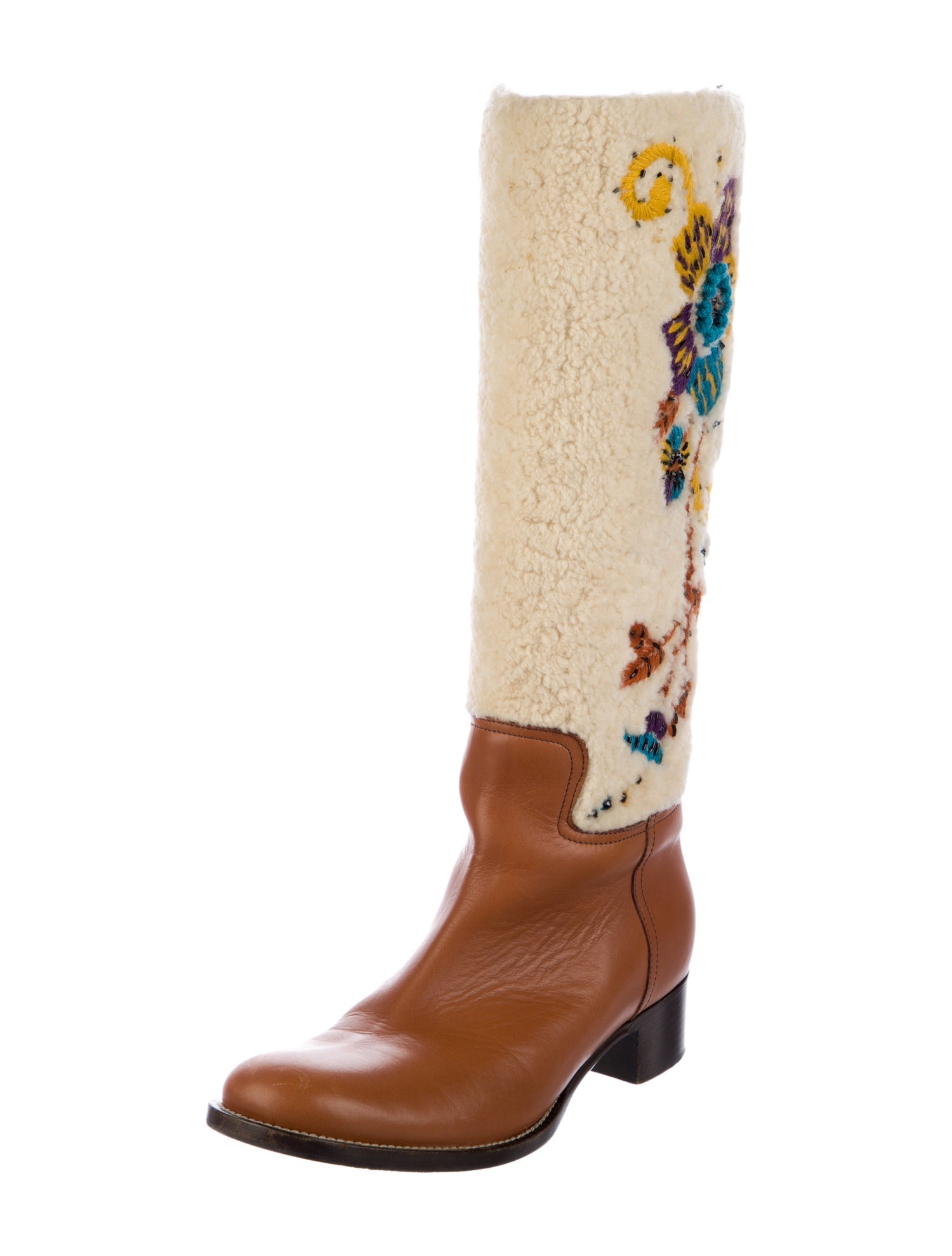 Miu Miu Leather Floral Print Riding Boots