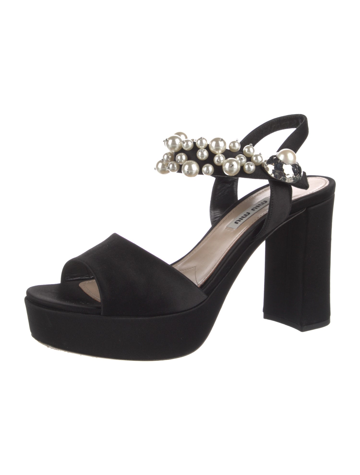 Miu Miu Faux Pearl Accents Satin Slingback Sandals