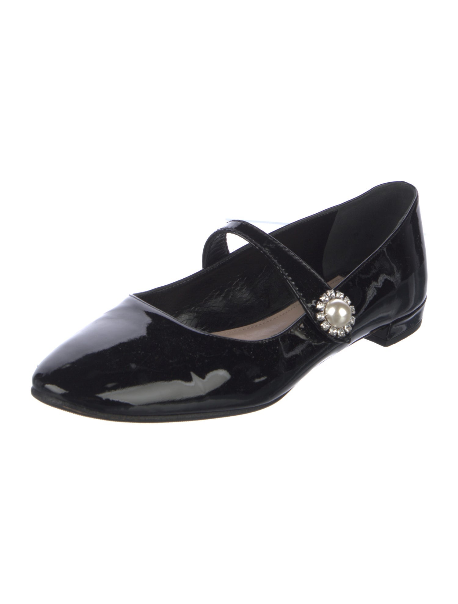 Miu Miu Patent Leather Crystal Embellishments Mary Jane Flats