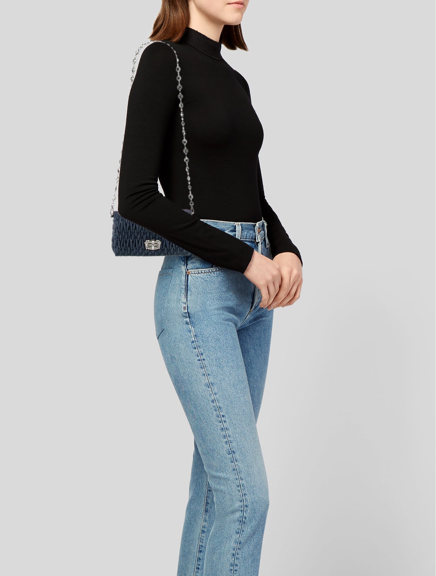 Miu Miu Denim Denim Matelasse Crystal Chain Bag
