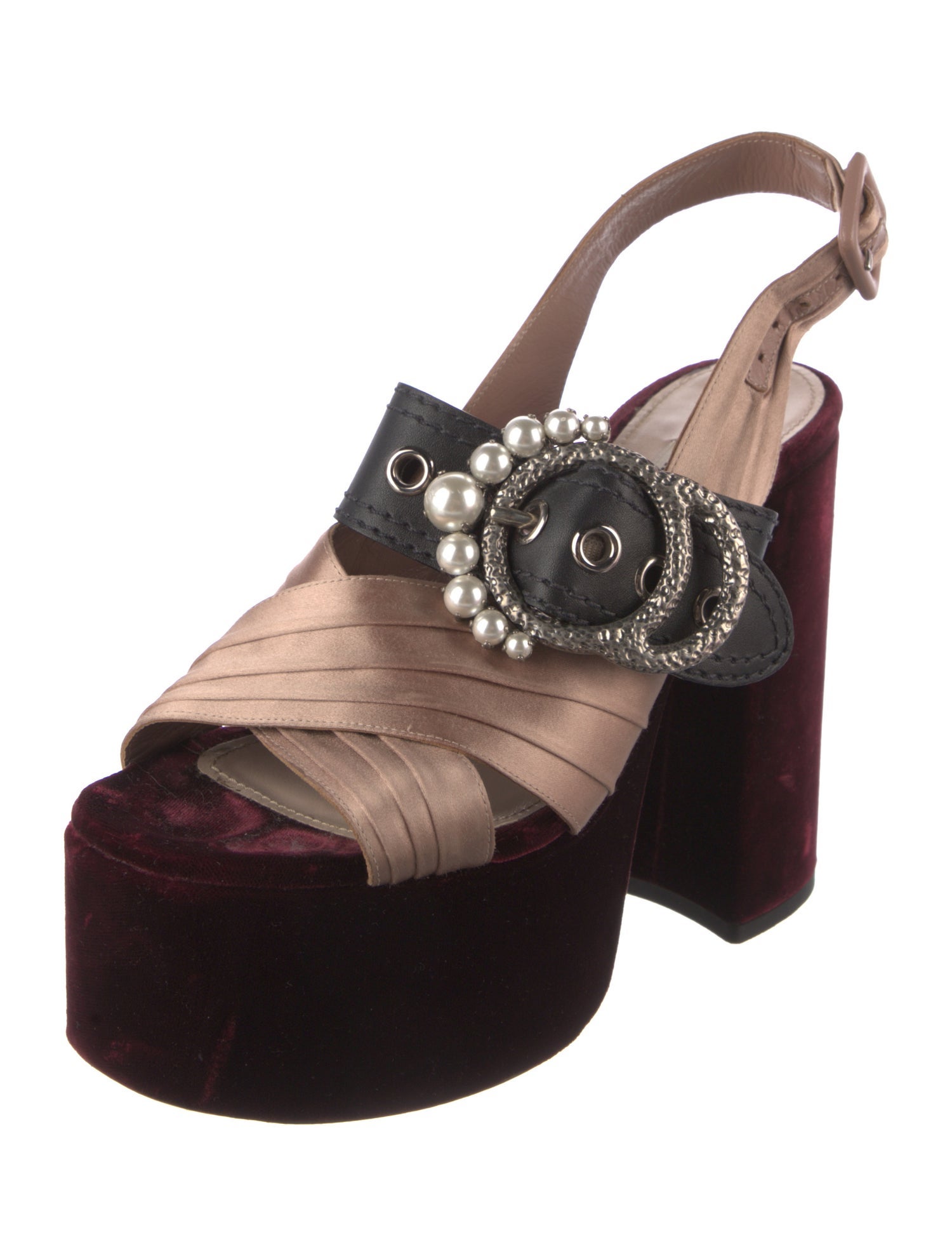 Miu Miu Faux Pearl Accents Velvet Slingback Sandals