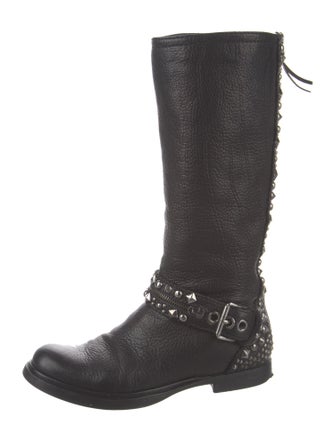 Miu Miu Leather Studded Accents Moto Boots