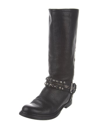Miu Miu Leather Studded Accents Moto Boots