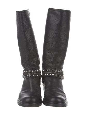 Miu Miu Leather Studded Accents Moto Boots