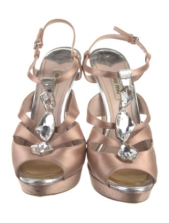 Miu Miu Satin Crystal Embellishments T-Strap Sandals