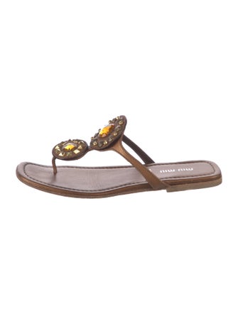 Miu Miu Leather Crystal Embellishments Flip Flops