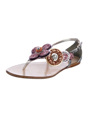 Miu Miu Leather Glitter Accents T-Strap Sandals