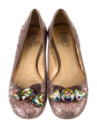 Miu Miu Glitter Bow Accents Ballet Flats