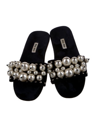 Miu Miu Faux Pearl Accents Velvet Slides