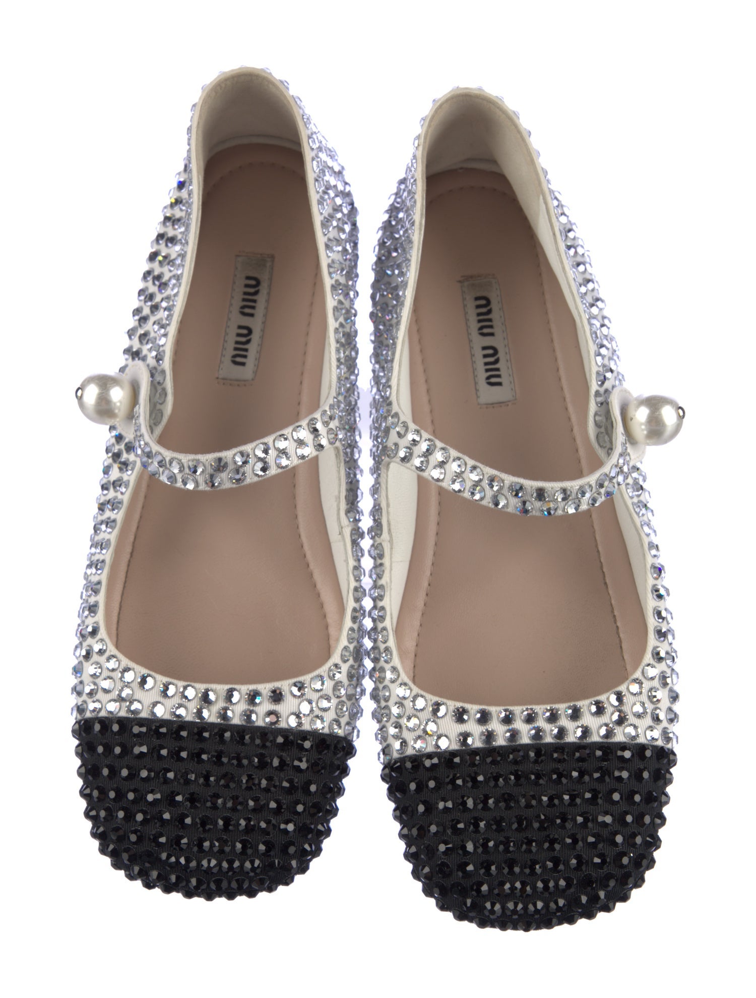 Miu Miu Faux Pearl Accents Leather Mary Jane Flats