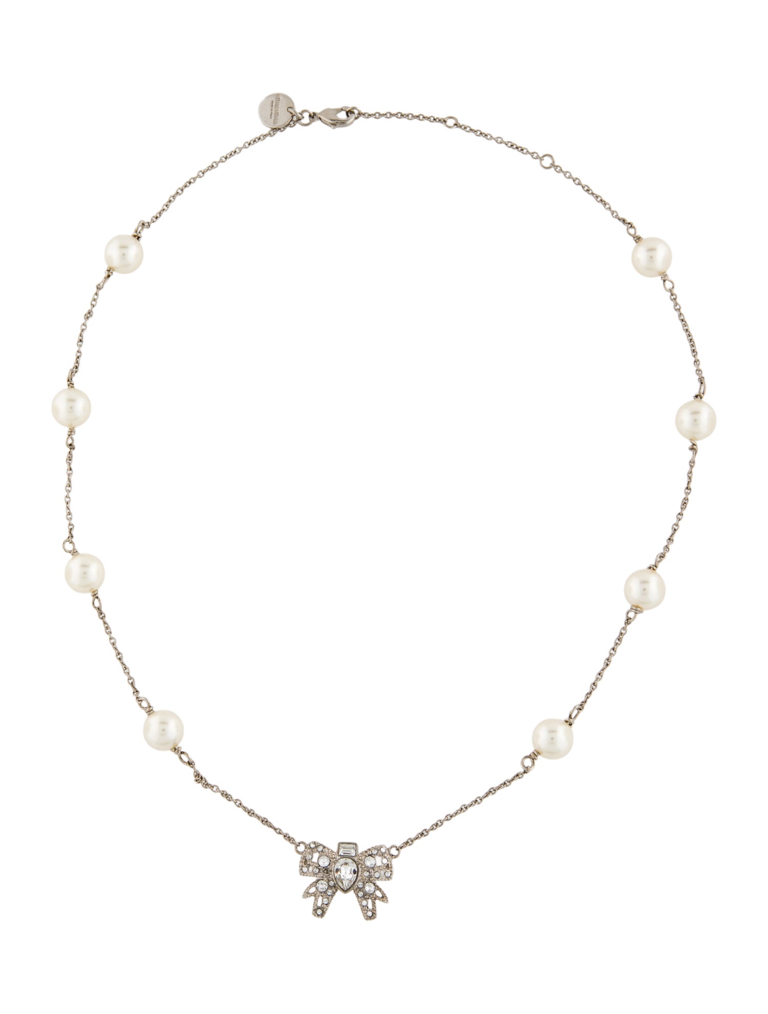 Miu Miu Faux Pearl & Crystal Bow Pendant Necklace