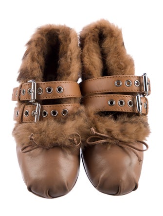 Miu Miu Leather Fur Trim Mary Jane Flats