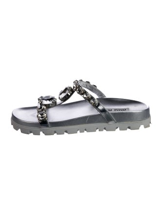 Miu Miu Leather Crystal Embellishments T-Strap Sandals