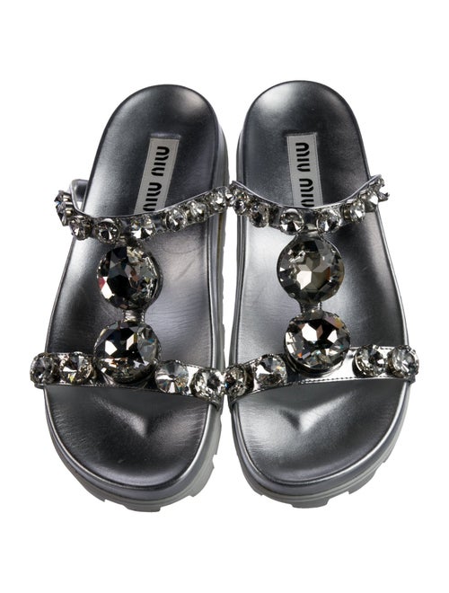 Miu Miu Leather Crystal Embellishments T-Strap Sandals