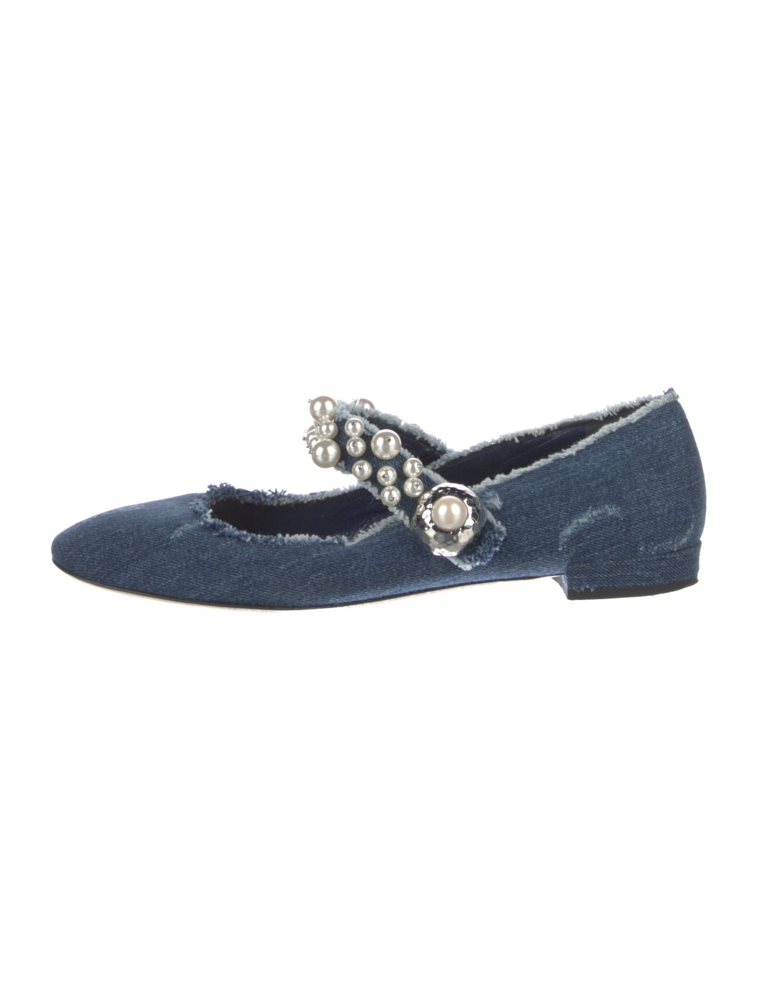 Miu Miu Faux Pearl Accents Denim Mary Jane Flats
