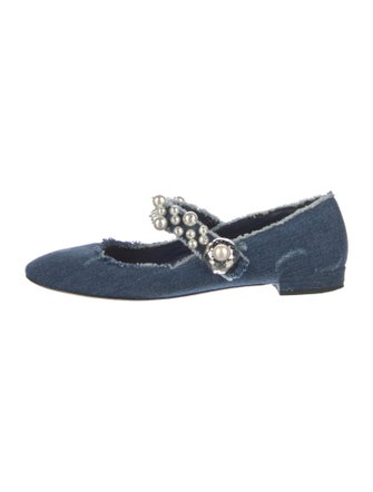 Miu Miu Faux Pearl Accents Denim Mary Jane Flats