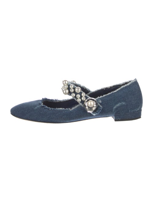 Miu Miu Faux Pearl Accents Denim Mary Jane Flats