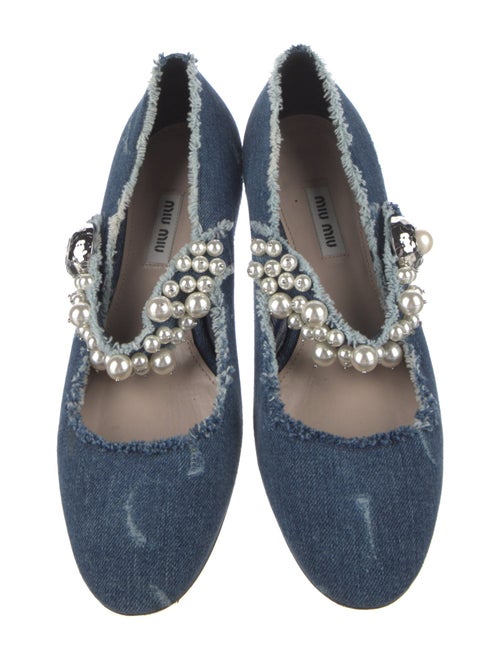 Miu Miu Faux Pearl Accents Denim Mary Jane Flats