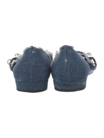 Miu Miu Faux Pearl Accents Denim Mary Jane Flats