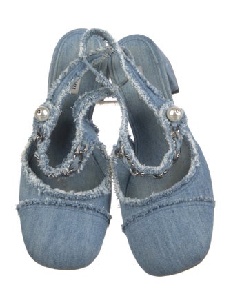 Miu Miu Faux Pearl Accents Denim Slingback Pumps