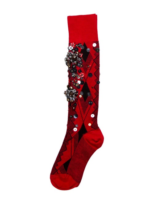 Miu Miu Wool Red Pattern Print Hosiery w/ Sequin Embellishment Throughout