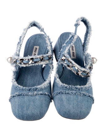 Miu Miu Denim Chain-Link Accents Slingback Pumps