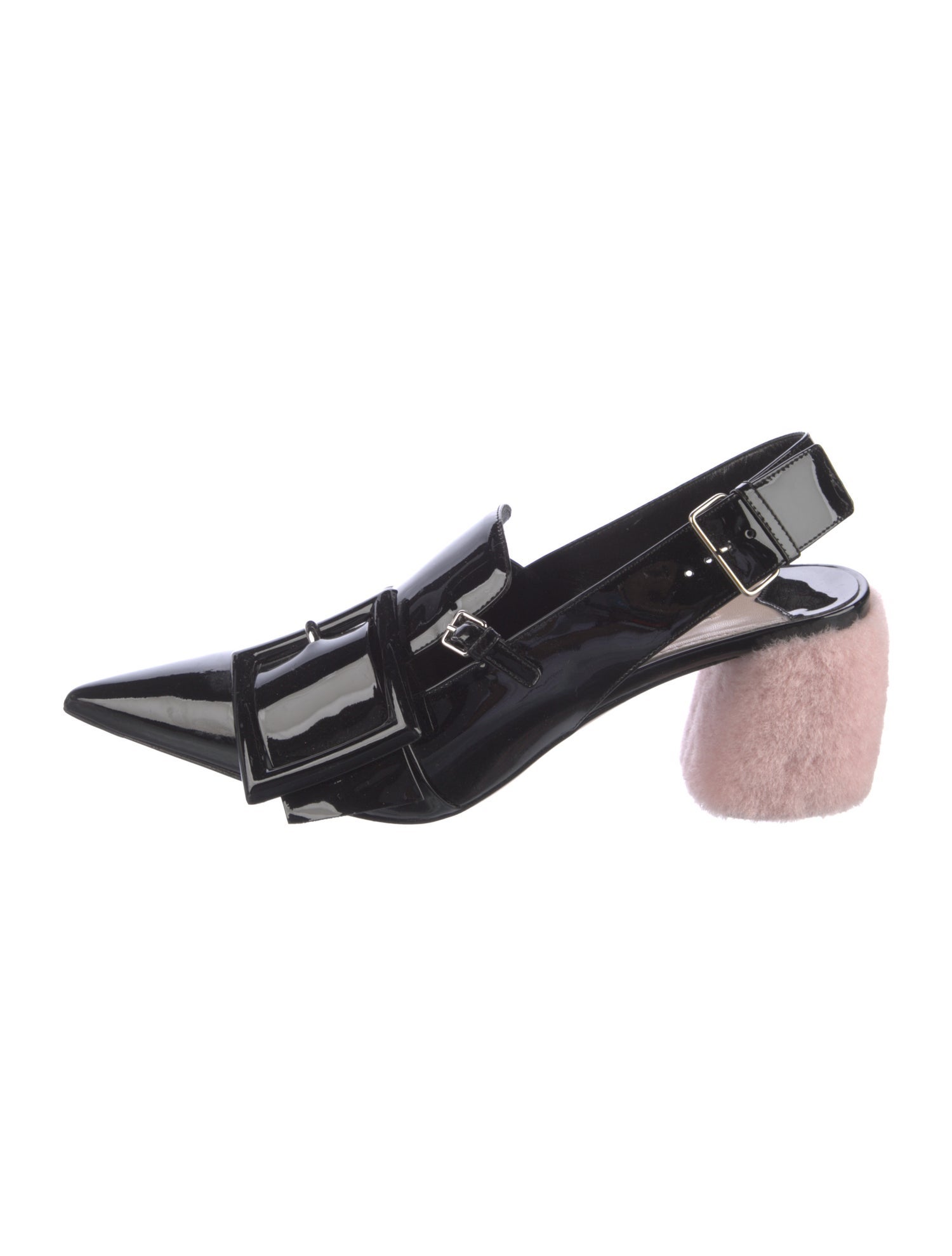 Miu Miu Patent Leather Faux Fur Trim Slingback Pumps