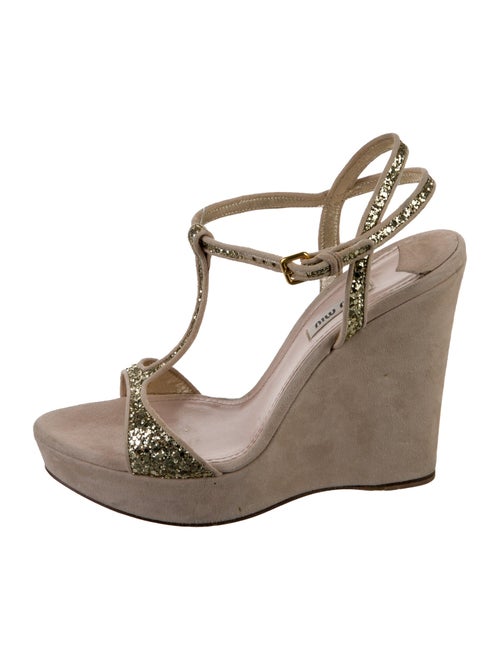 Miu Miu Suede Glitter Accents T-Strap Sandals
