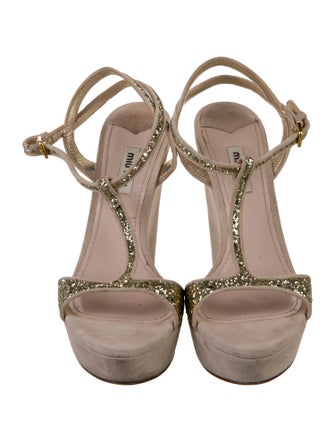Miu Miu Suede Glitter Accents T-Strap Sandals