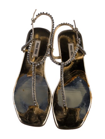 Miu Miu Leather Crystal Embellishments T-Strap Sandals
