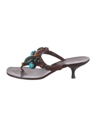 Miu Miu Leather Beaded Accents Flip Flops