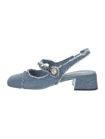 Miu Miu Faux Pearl Accents Denim Slingback Pumps