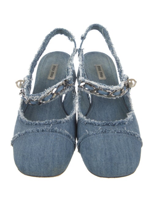 Miu Miu Faux Pearl Accents Denim Slingback Pumps