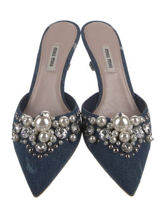 Miu Miu Denim Crystal Embellishments Mules