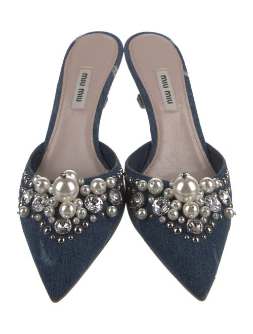 Miu Miu Denim Crystal Embellishments Mules