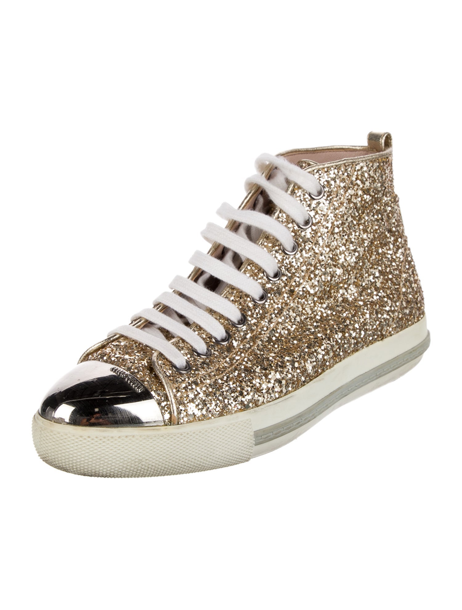 Miu Miu Glitter Leather Trim Embellishment Sneakers