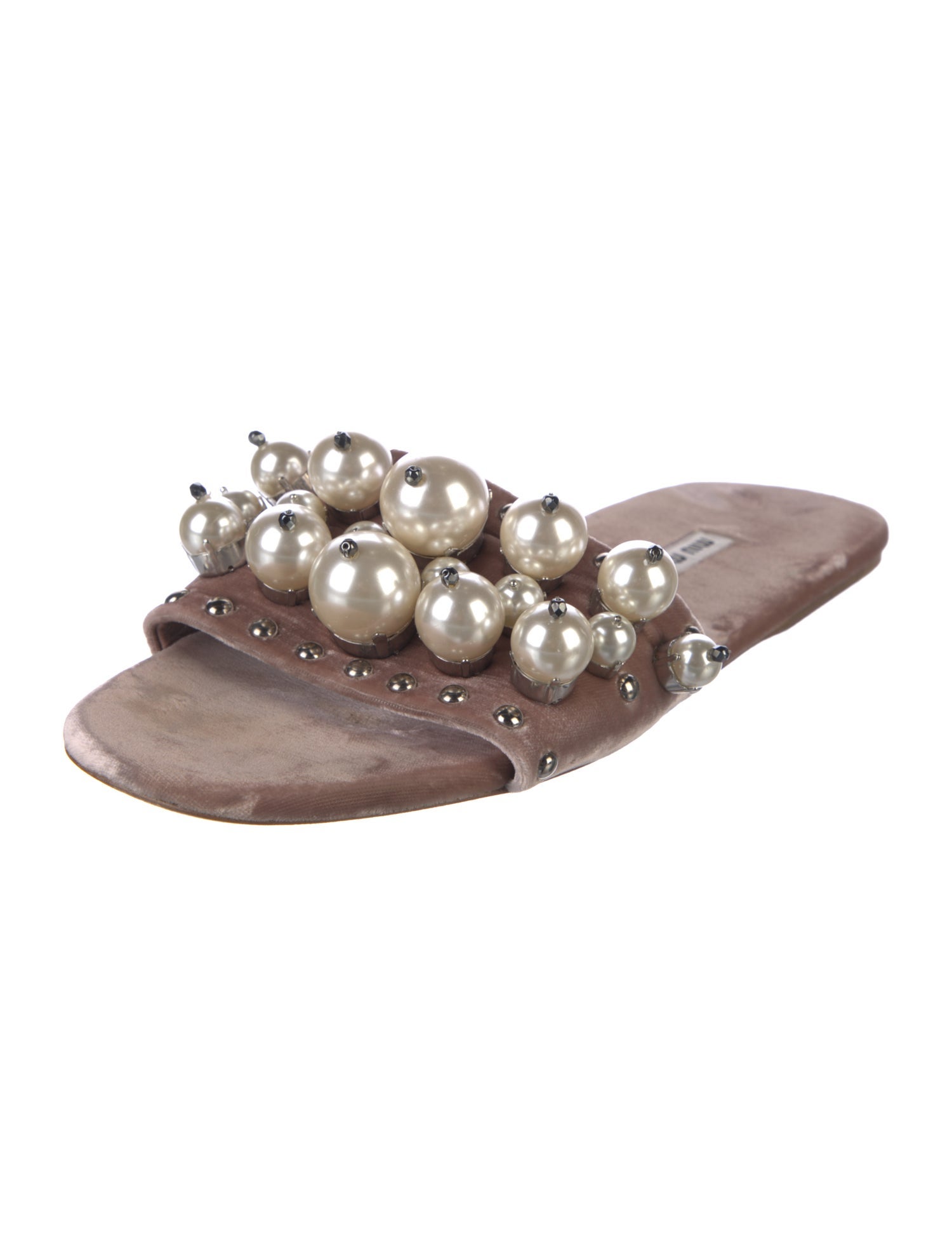 Miu Miu Faux Pearl Accents Velvet Slides