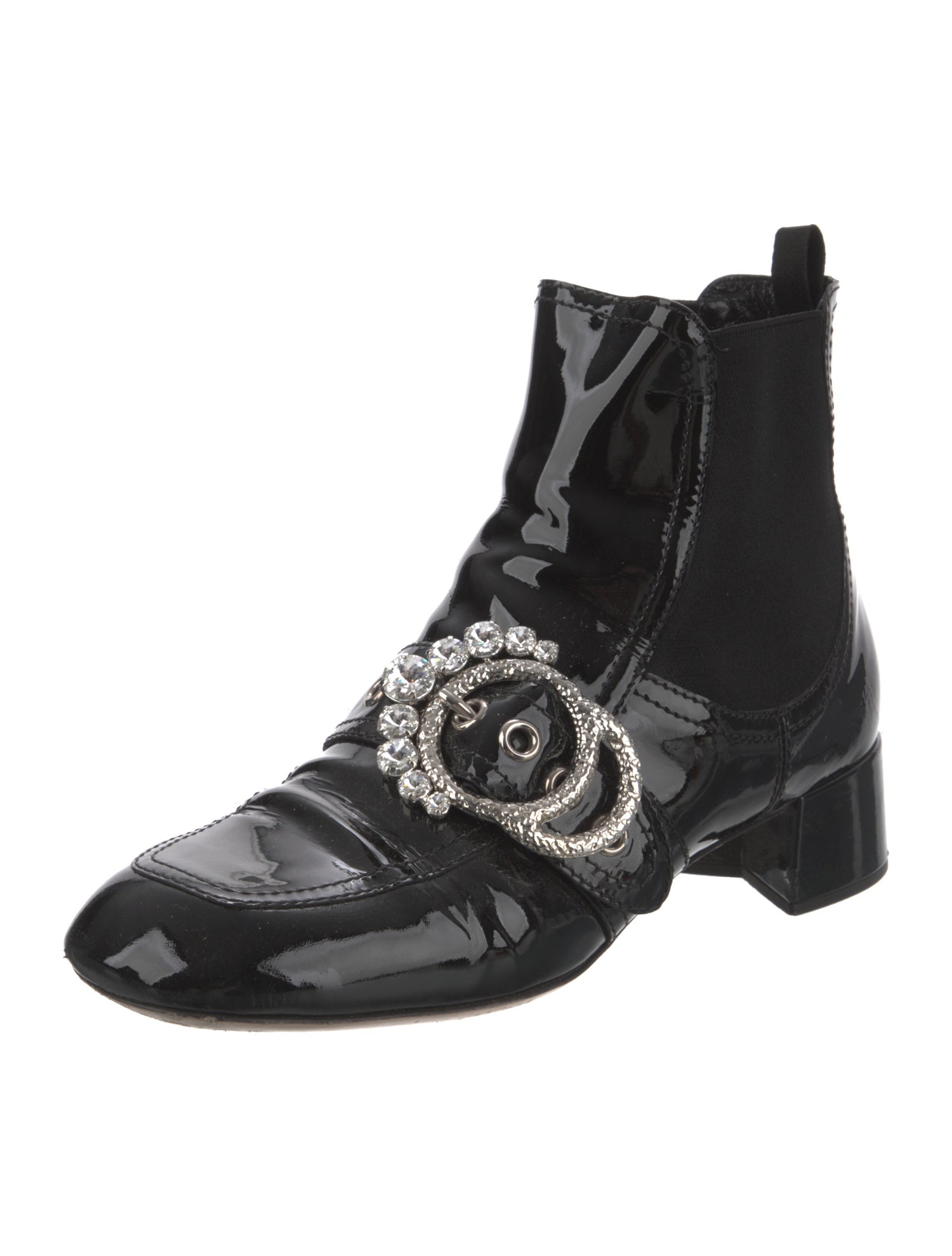 Miu Miu Patent Leather Crystal Embellishments Chelsea Boots